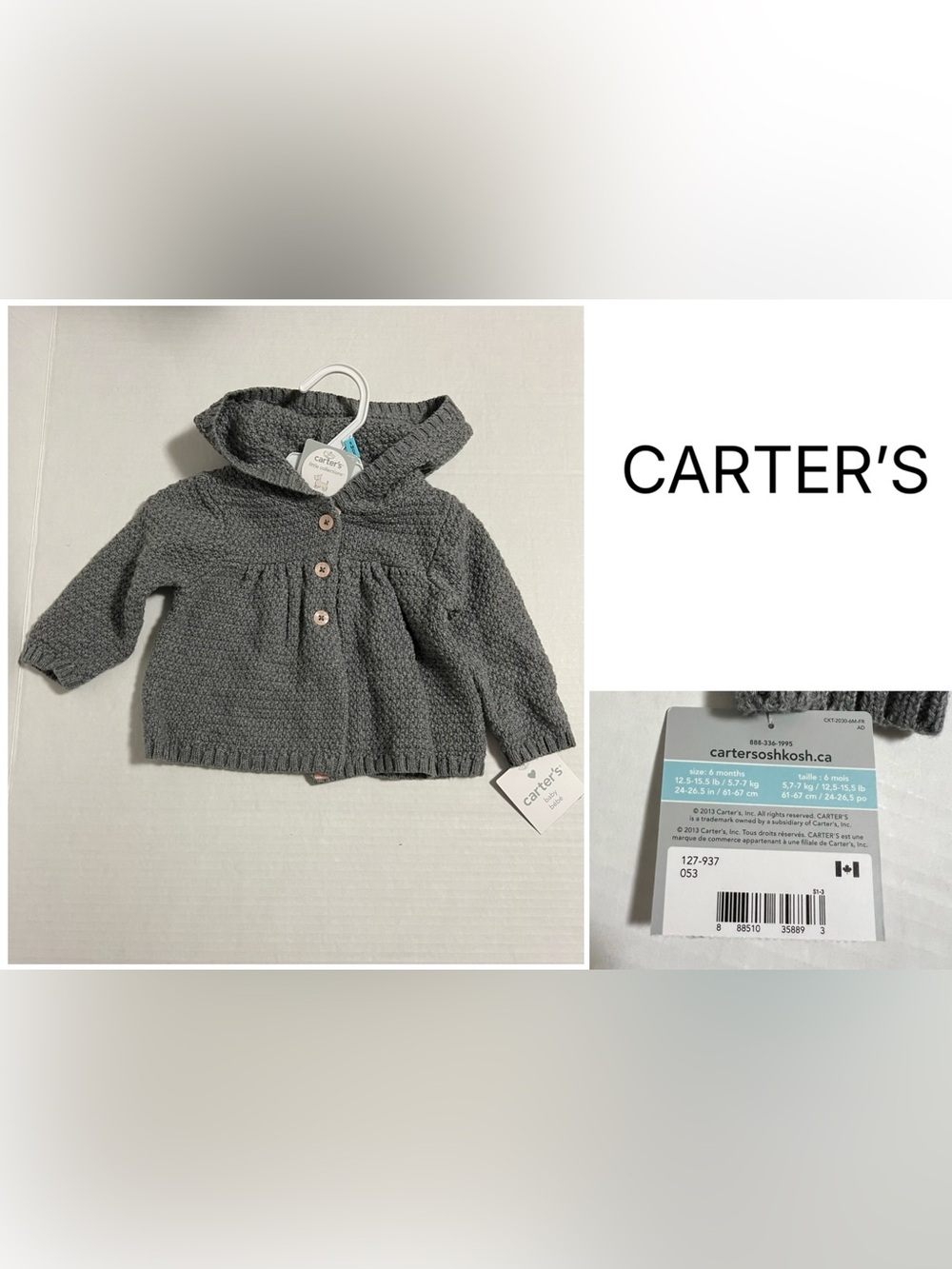 CARTER’S - 6M - NWT - INFANT GIRLS HOODED GREY KNIT CARDIGAN SWEATER
